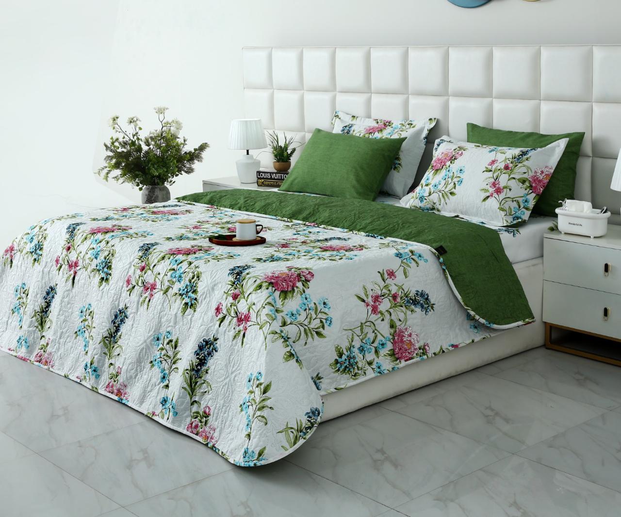 6 PCs Bed Spread Set- Green Lotus - Image 3