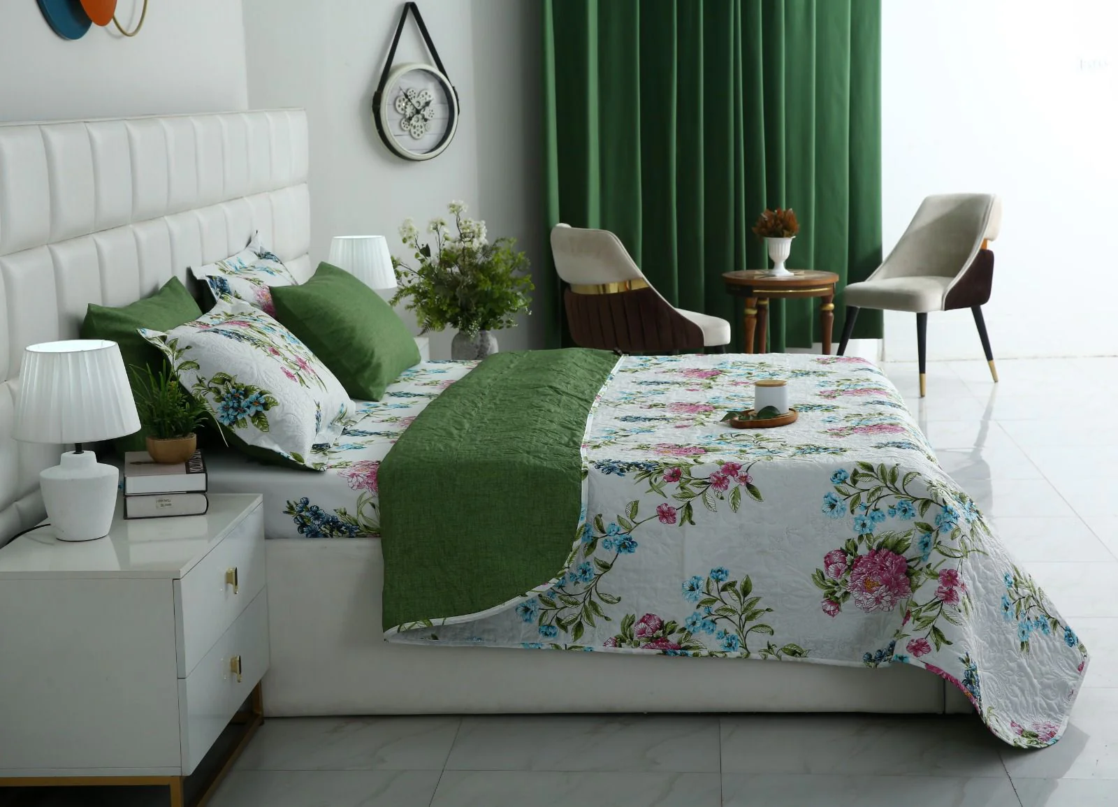 6 PCs Bed Spread Set- Green Lotus - Image 4