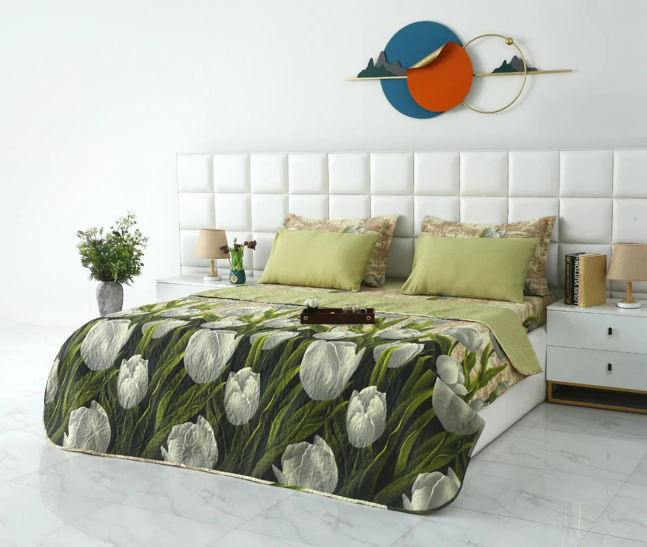 6 PCs Bed Spread Set- Green Tulip - Image 3