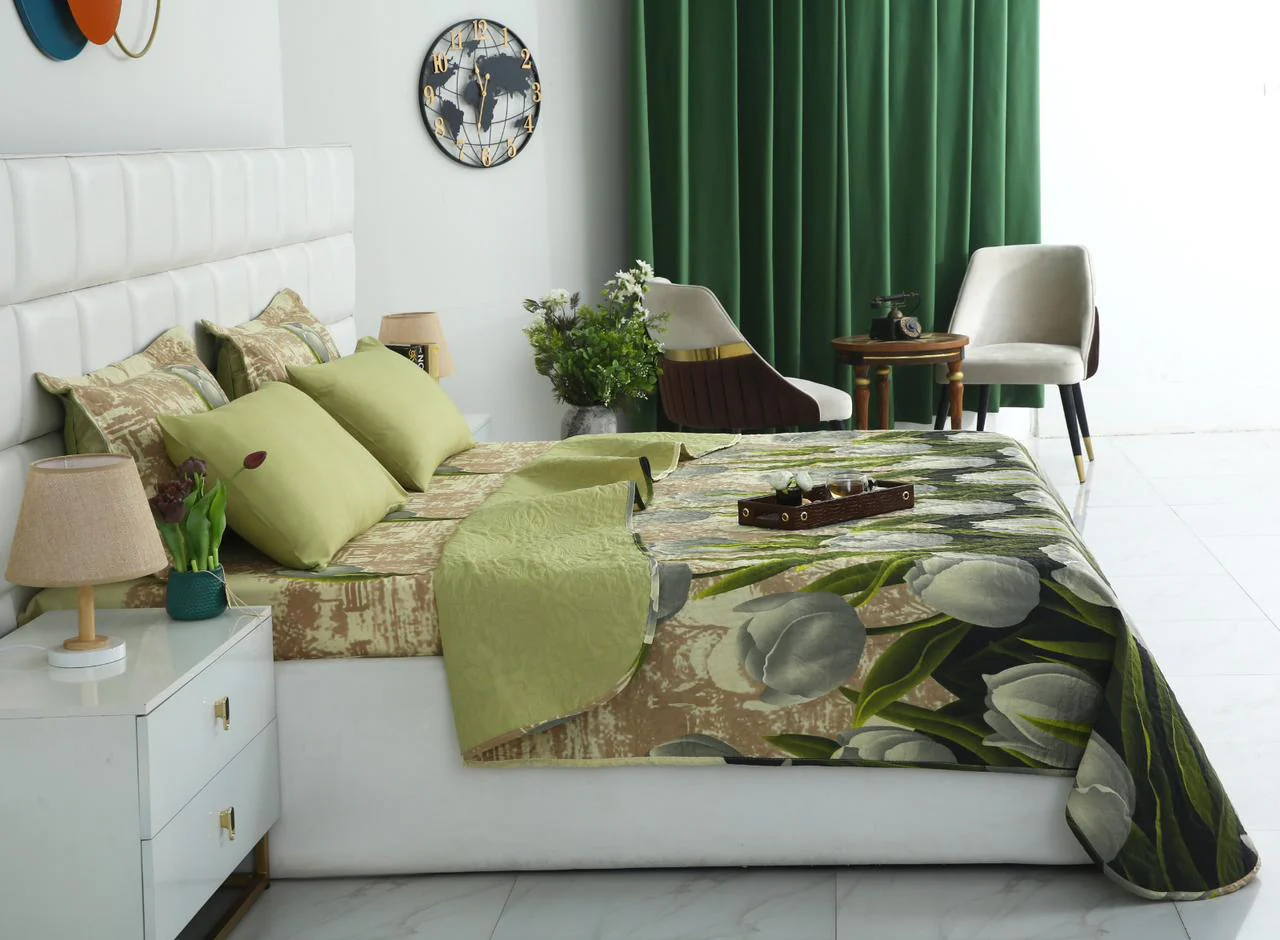 6 PCs Bed Spread Set- Green Tulip - Image 4