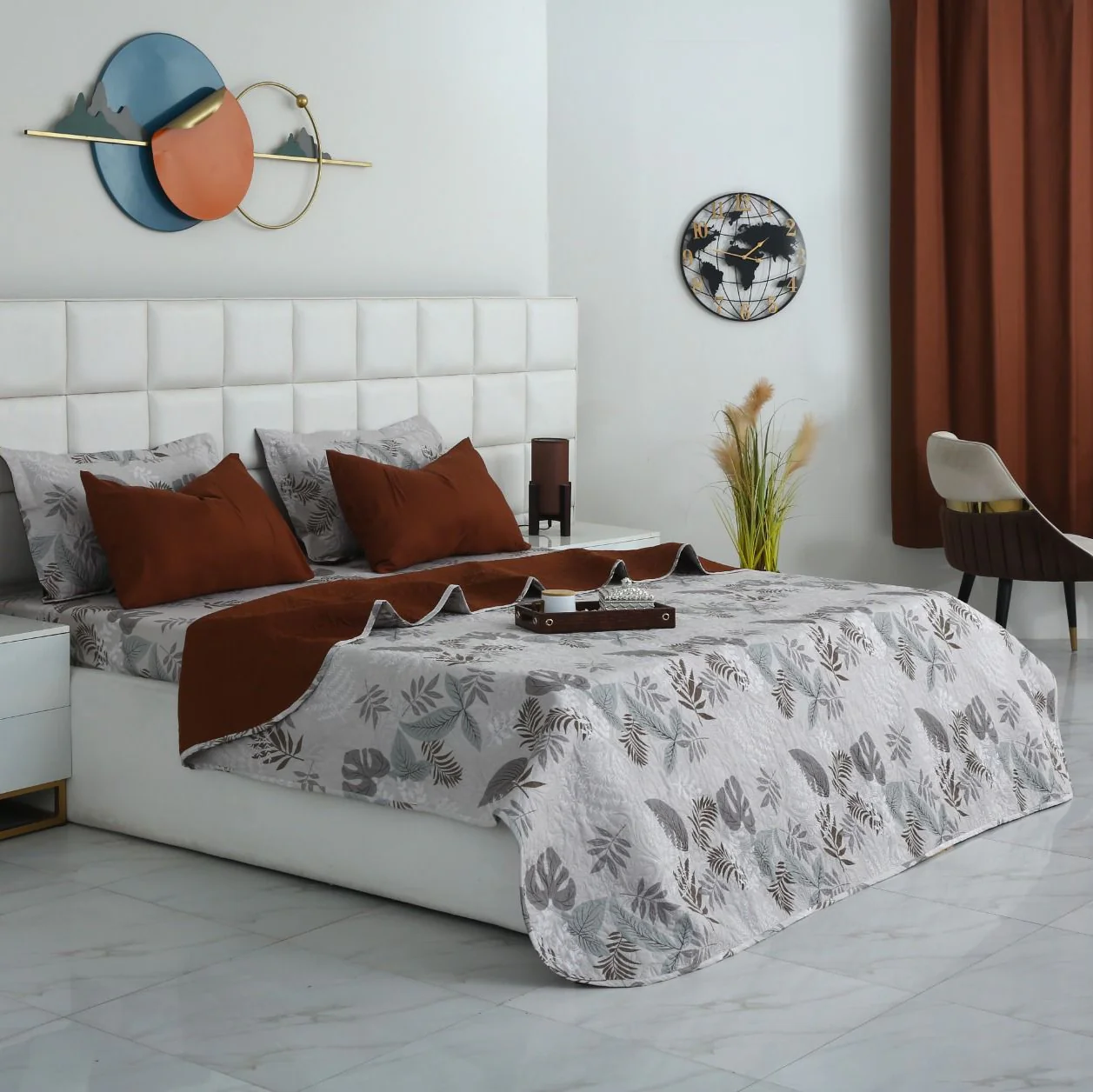 6 PCs Bed Spread Set- Leaf Style(Brown Reverse)
