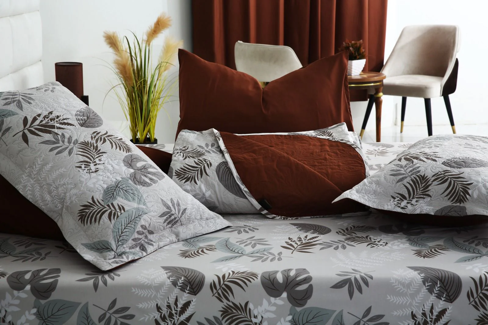 6 PCs Bed Spread Set- Leaf Style(Brown Reverse) - Image 10