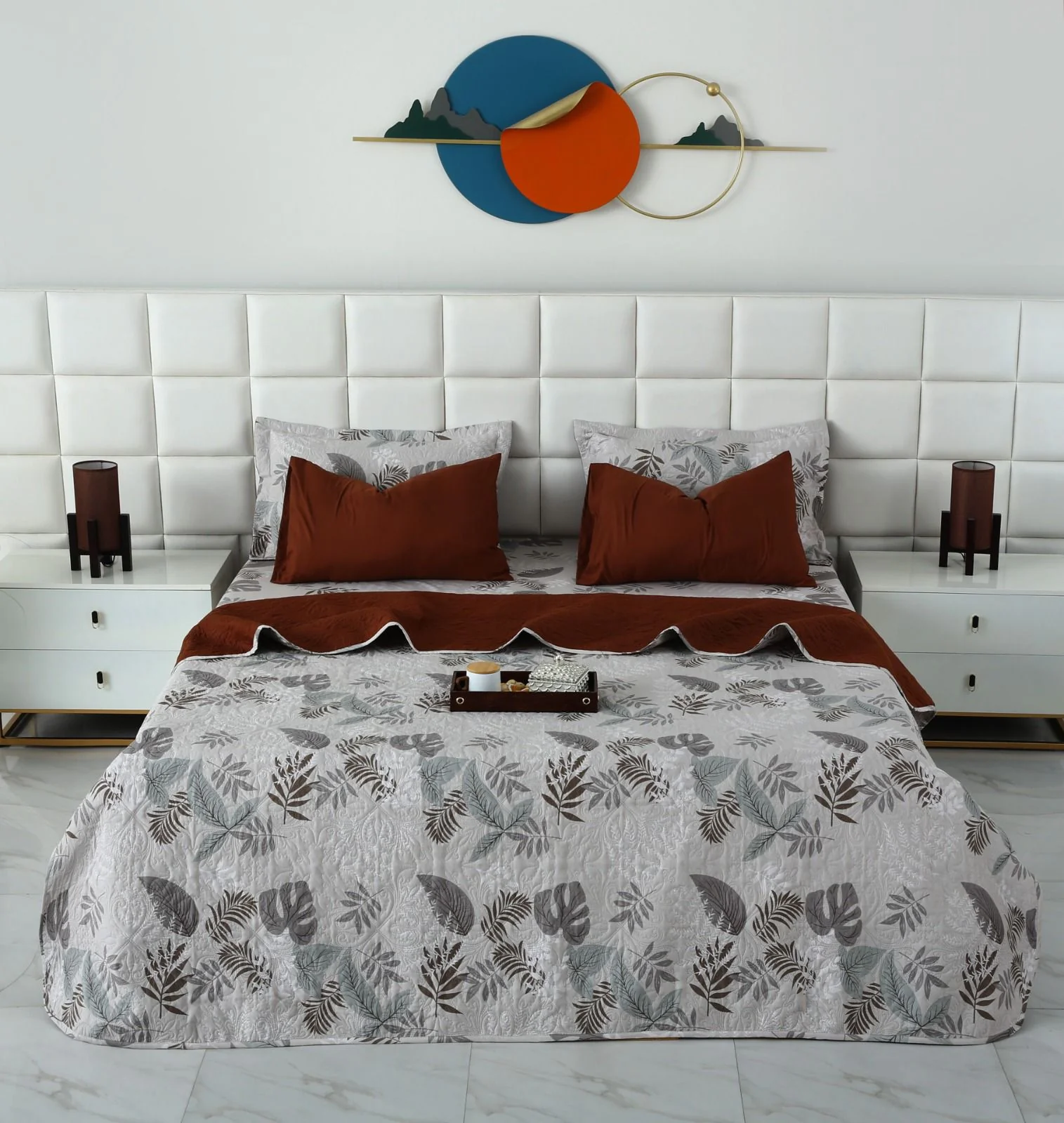 6 PCs Bed Spread Set- Leaf Style(Brown Reverse) - Image 2