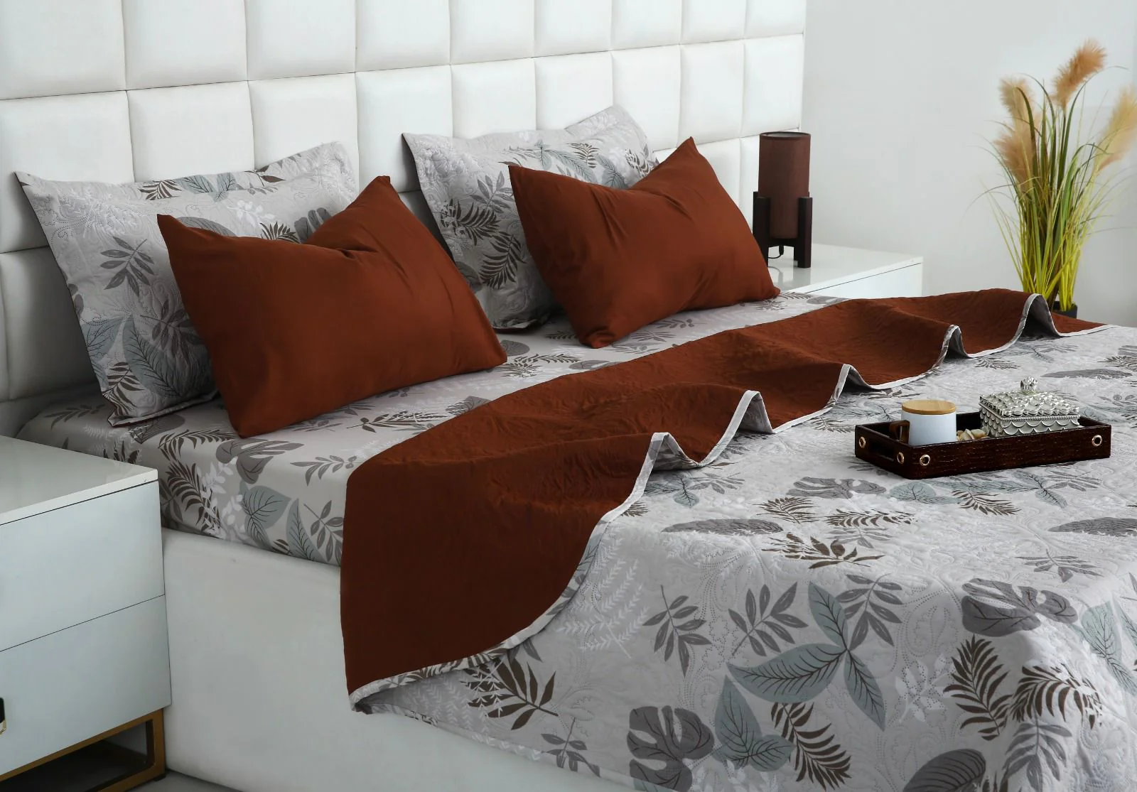 6 PCs Bed Spread Set- Leaf Style(Brown Reverse) - Image 3