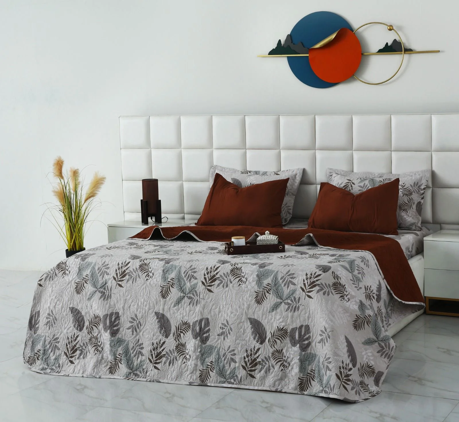 6 PCs Bed Spread Set- Leaf Style(Brown Reverse) - Image 4