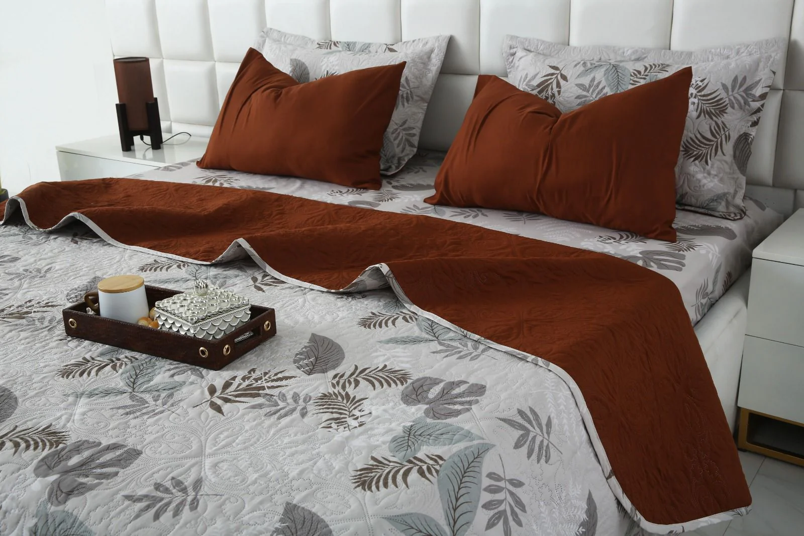 6 PCs Bed Spread Set- Leaf Style(Brown Reverse) - Image 5