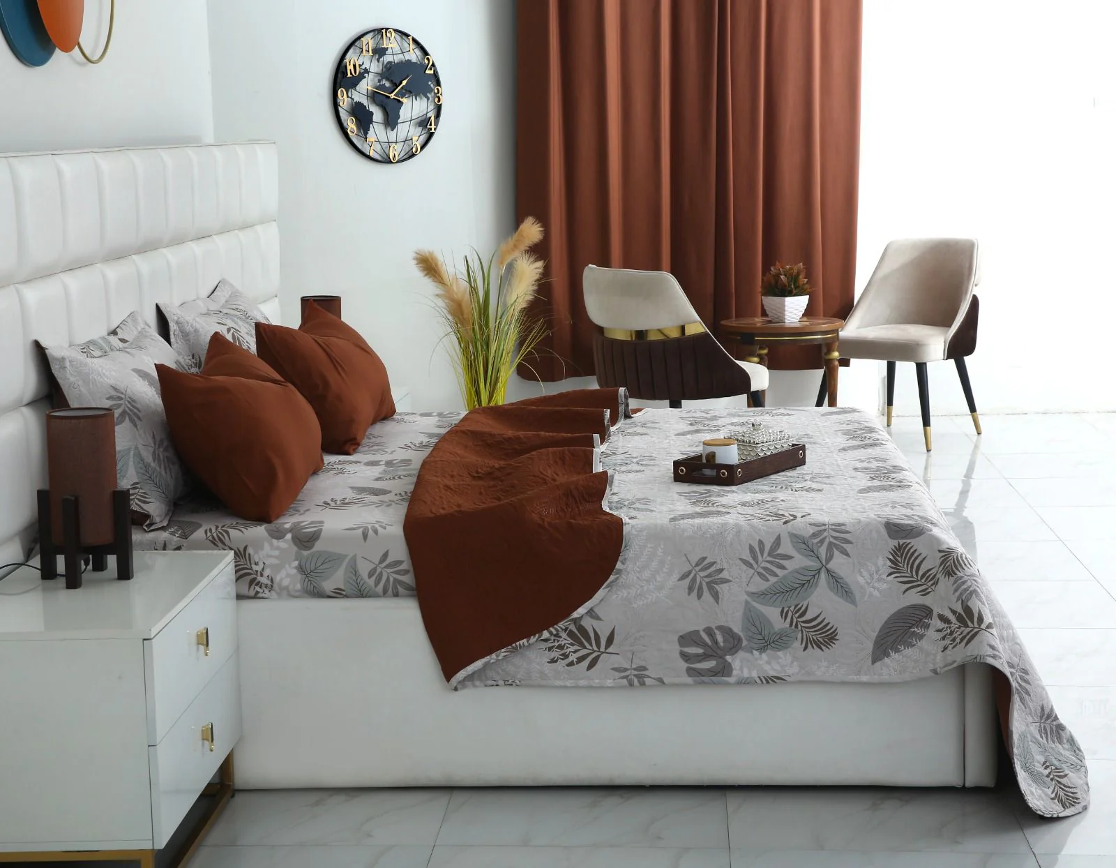 6 PCs Bed Spread Set- Leaf Style(Brown Reverse) - Image 6