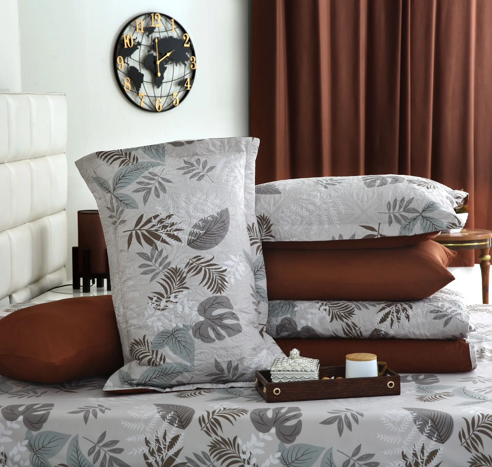 6 PCs Bed Spread Set- Leaf Style(Brown Reverse) - Image 8