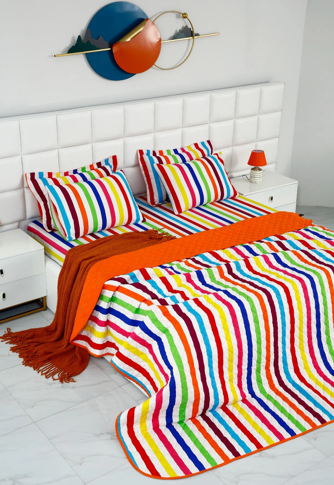 6 PCs Bed Spread Set-Multi Stripe(Orange) - Image 6