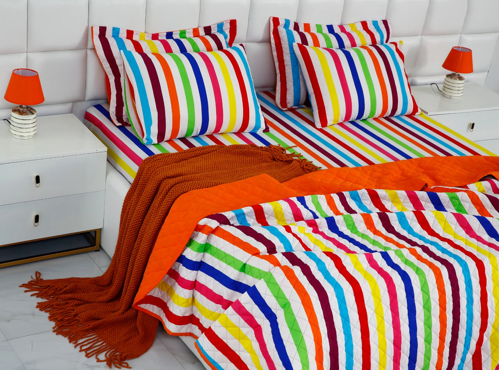 6 PCs Bed Spread Set-Multi Stripe(Orange) - Image 7
