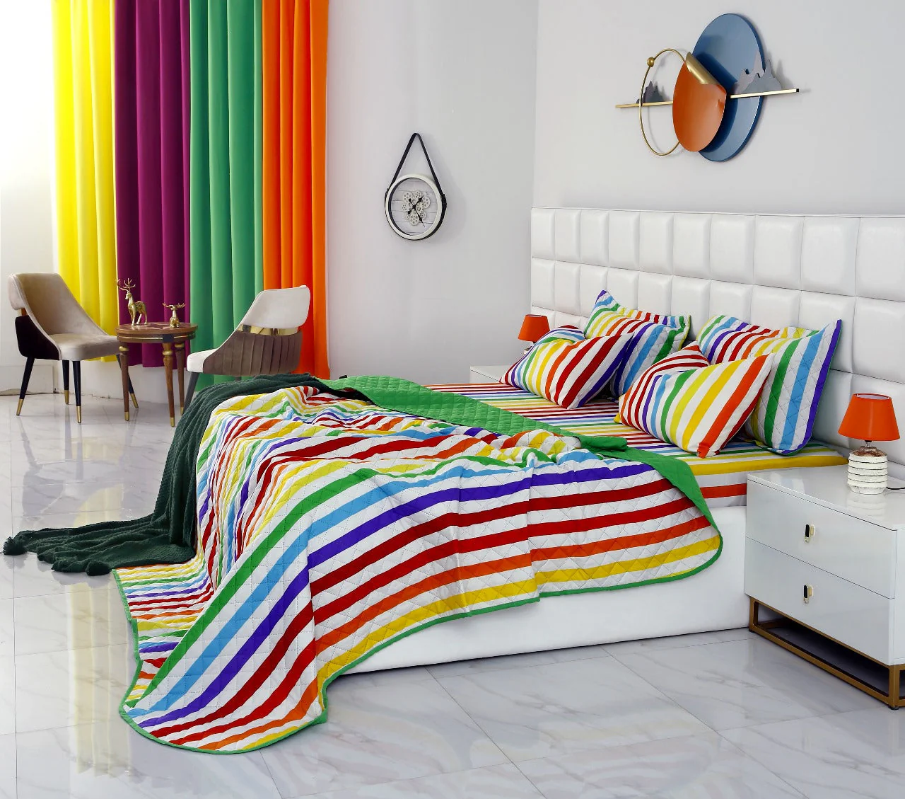 6 PCs Bed Spread Set-Multi Stripe(Parrot)