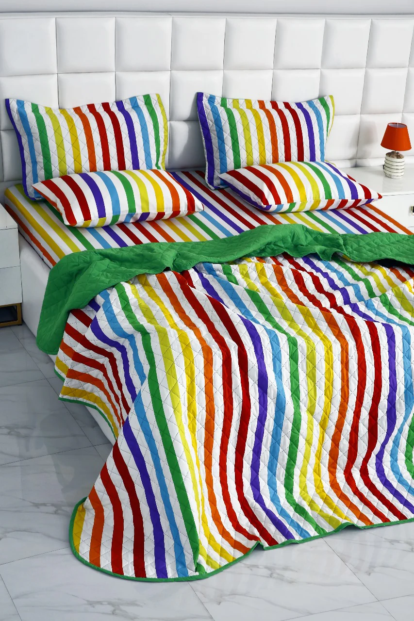 6 PCs Bed Spread Set-Multi Stripe(Parrot) - Image 11