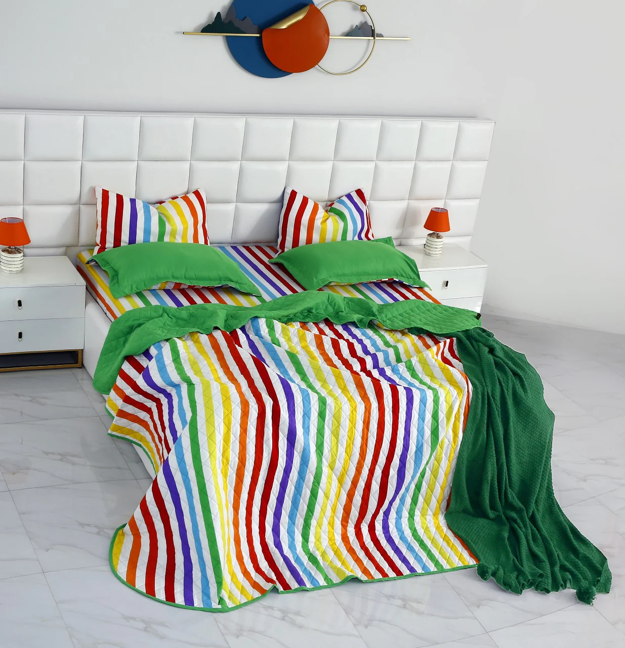6 PCs Bed Spread Set-Multi Stripe(Parrot) - Image 2