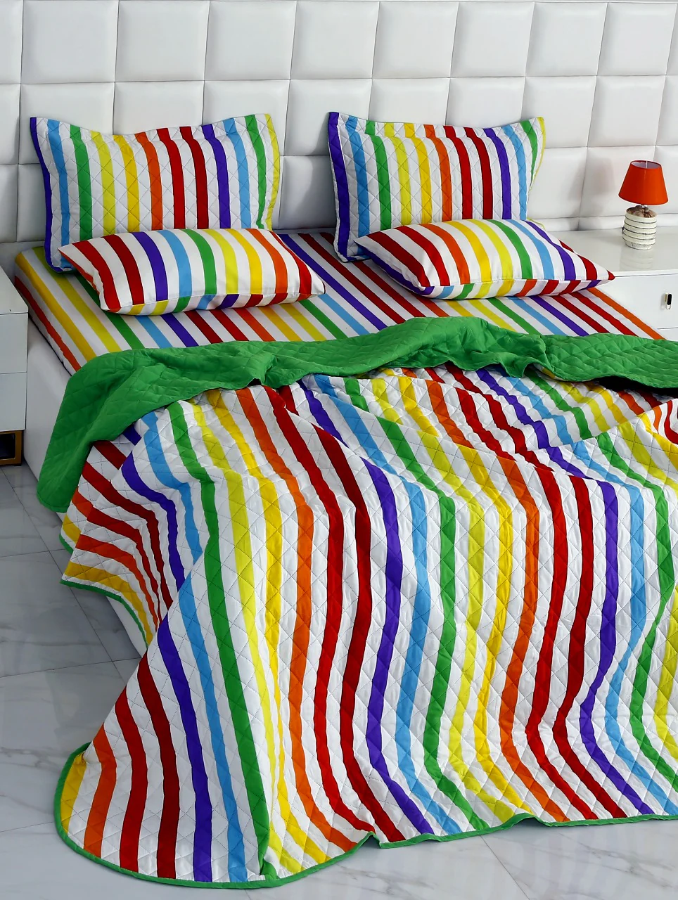 6 PCs Bed Spread Set-Multi Stripe(Parrot) - Image 8