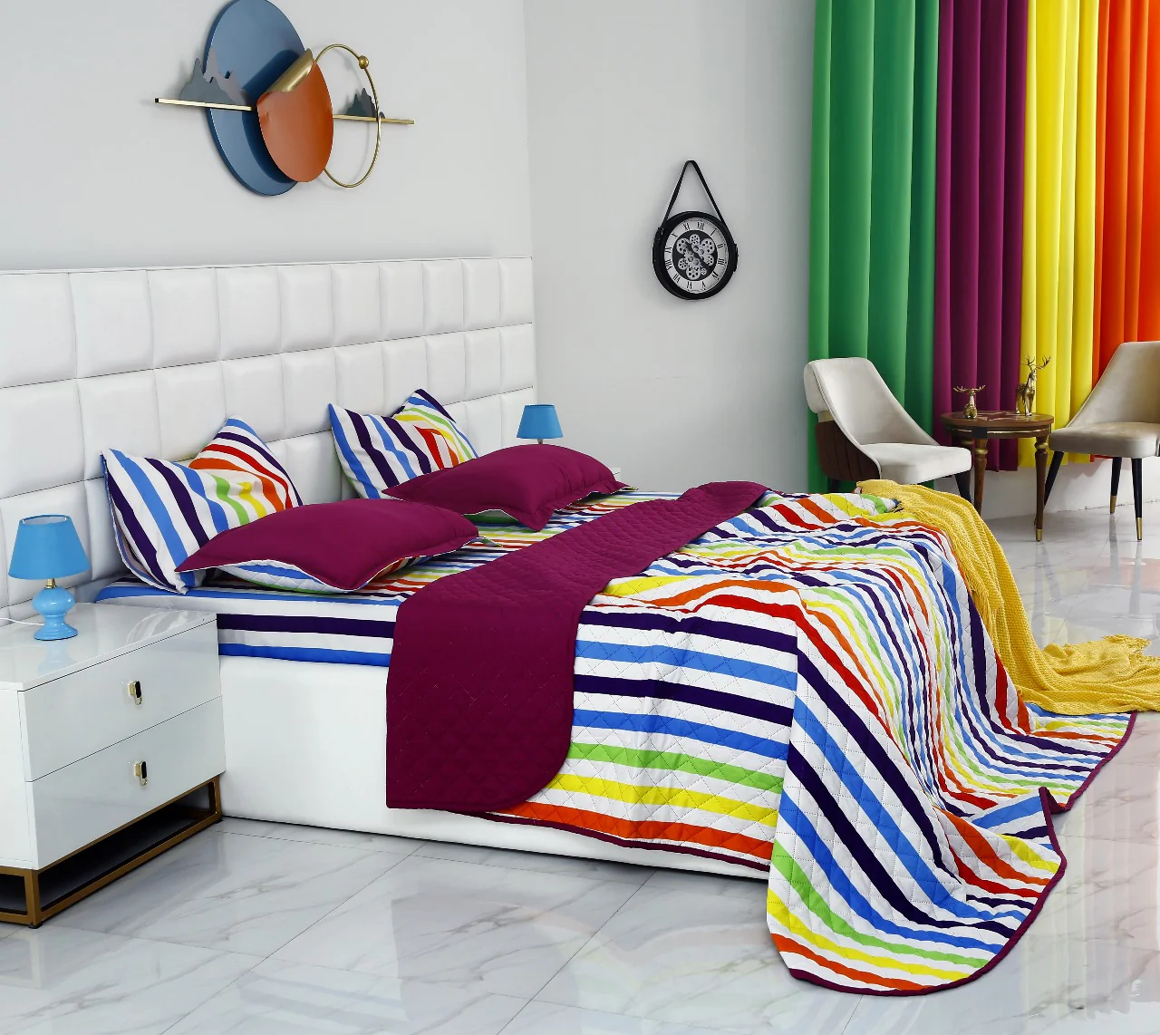 6 PCs Bed Spread Set-Multi Stripe(Plum) - Image 10