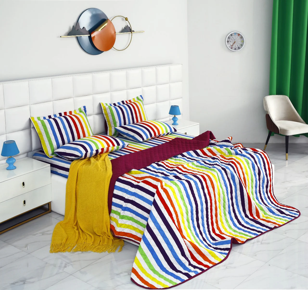 6 PCs Bed Spread Set-Multi Stripe(Plum) - Image 12