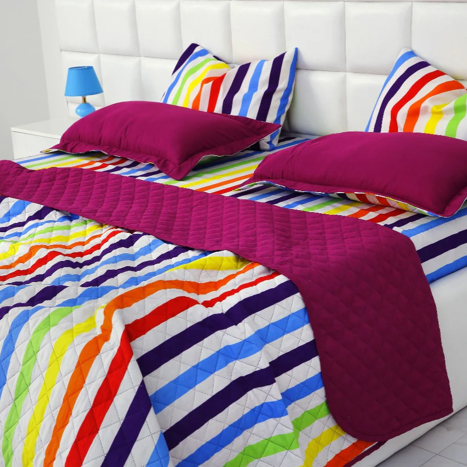 6 PCs Bed Spread Set-Multi Stripe(Plum) - Image 2