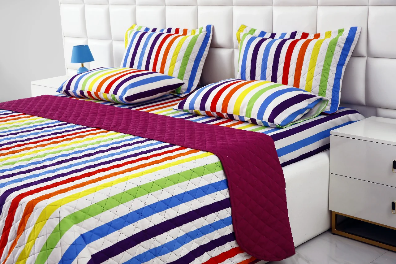 6 PCs Bed Spread Set-Multi Stripe(Plum) - Image 6
