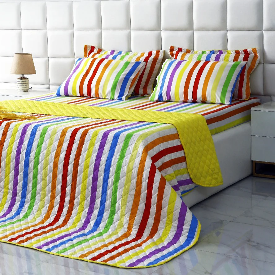 6 PCs Bed Spread Set-Multi Stripe(Yellow) - Image 2