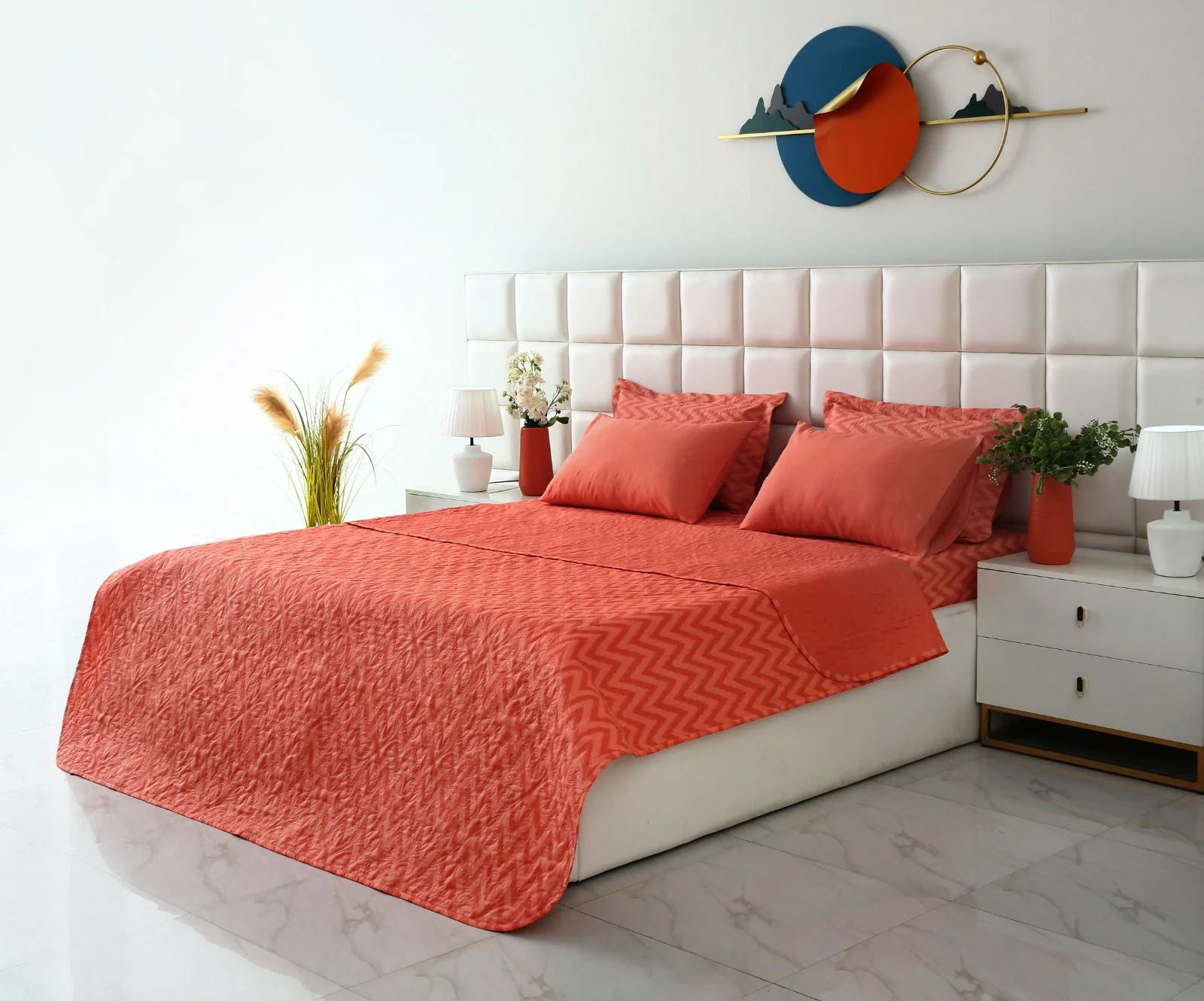 6 PCs Bed Spread Set- Peach Chevron - Image 3