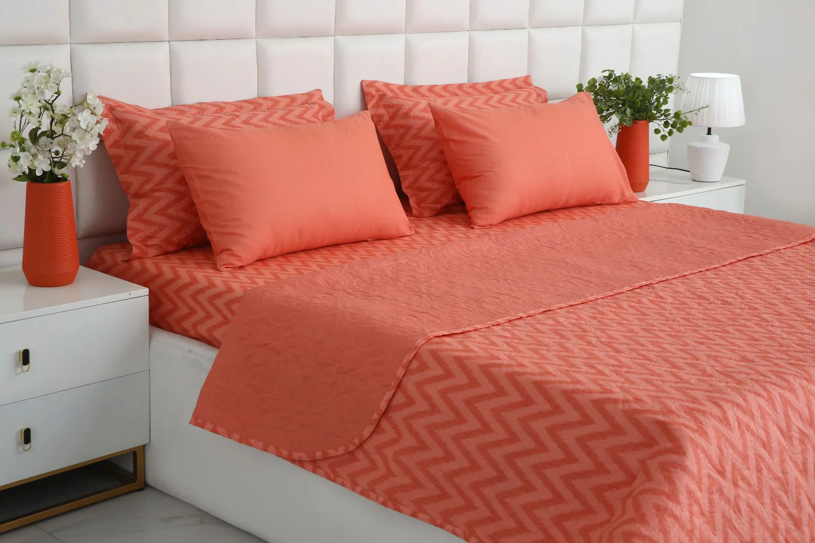 6 PCs Bed Spread Set- Peach Chevron - Image 4