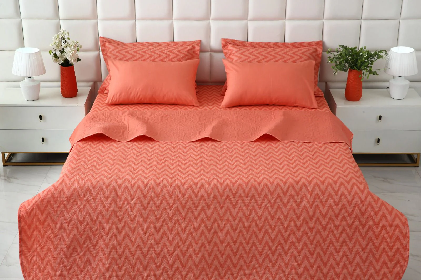 6 PCs Bed Spread Set- Peach Chevron - Image 5