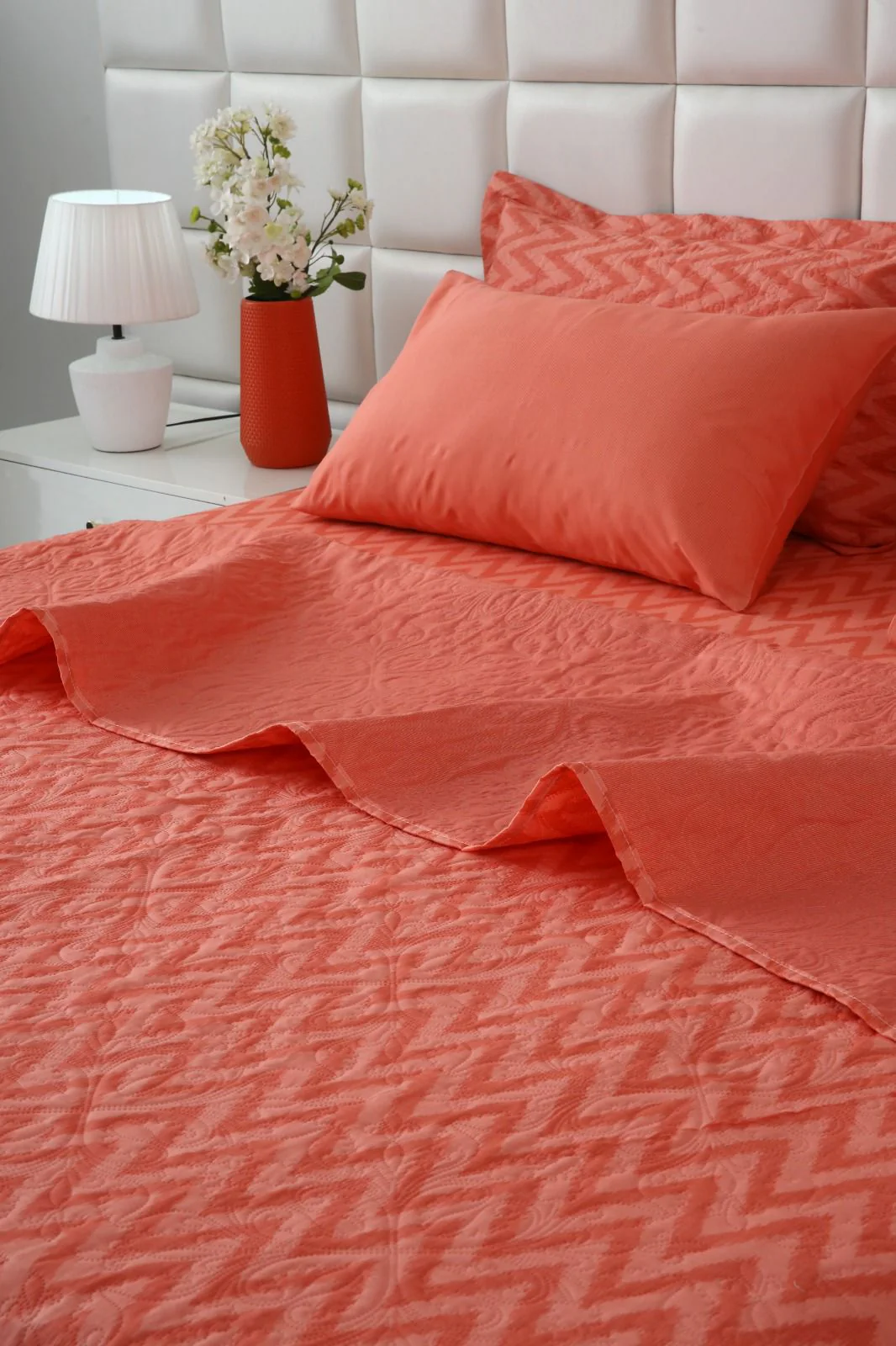 6 PCs Bed Spread Set- Peach Chevron - Image 6
