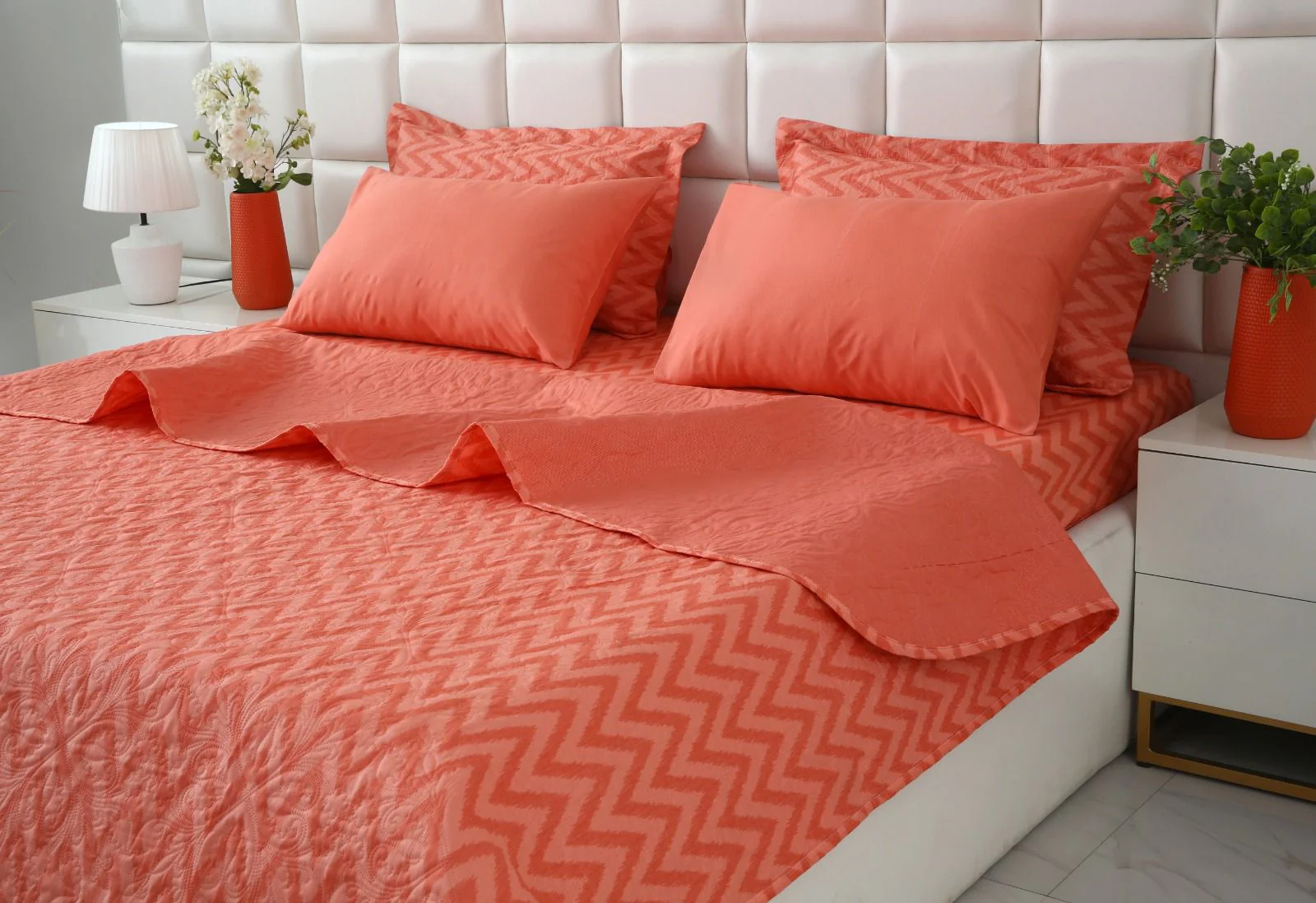 6 PCs Bed Spread Set- Peach Chevron - Image 7