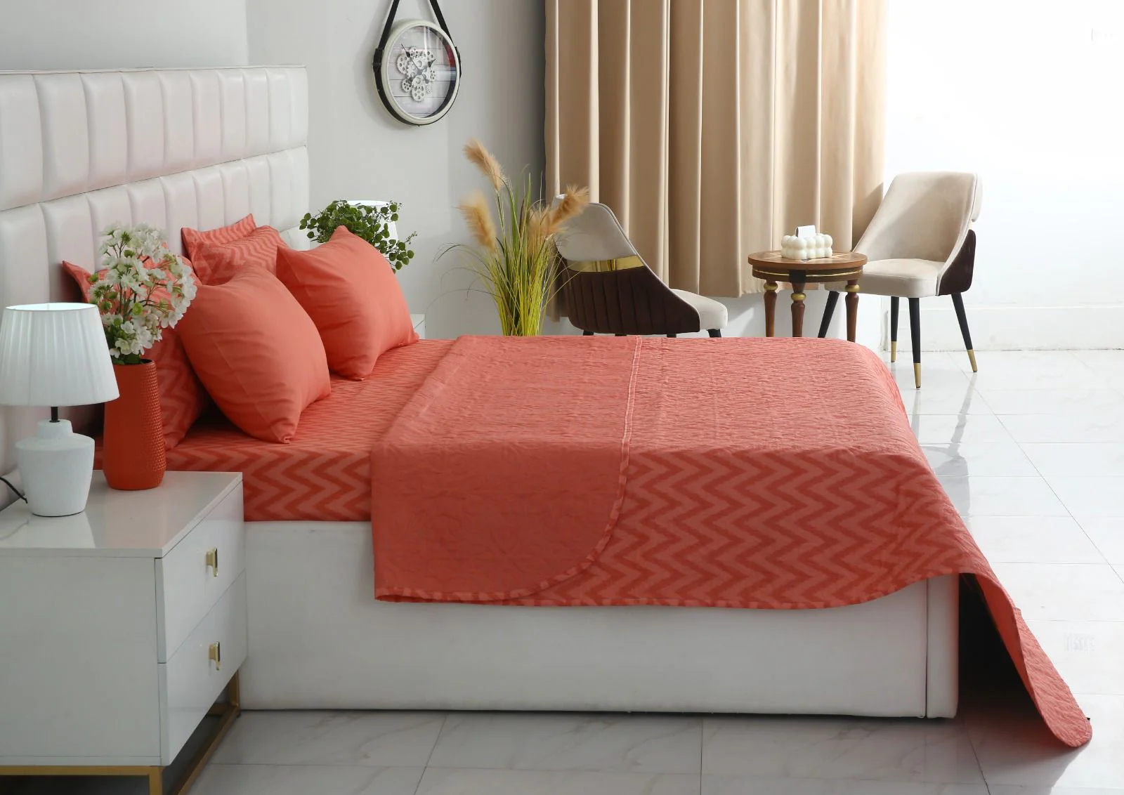 6 PCs Bed Spread Set- Peach Chevron - Image 8