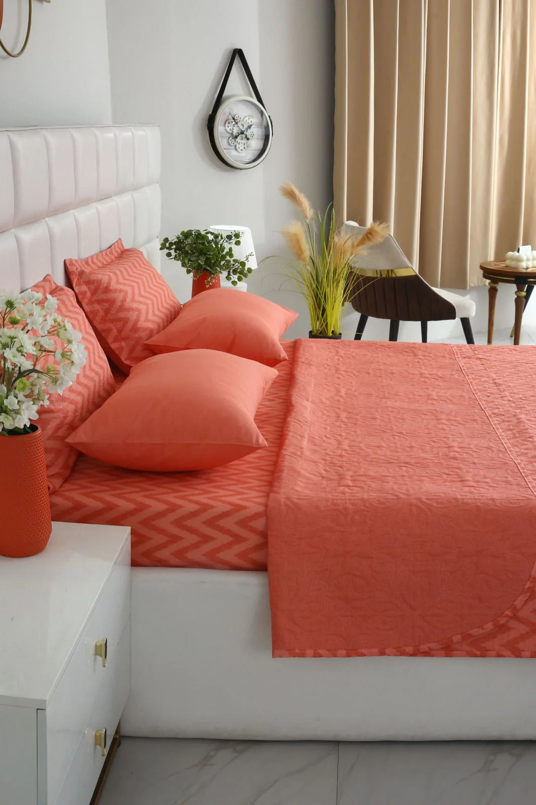 6 PCs Bed Spread Set- Peach Chevron - Image 9