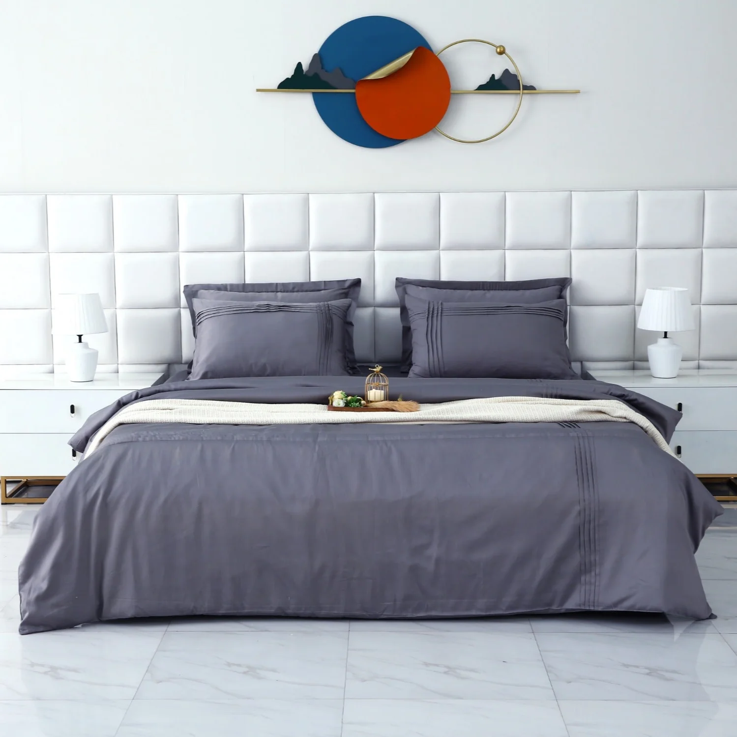 6 PCs Luxury Satin Dyed Duvet Cover Set-Grey