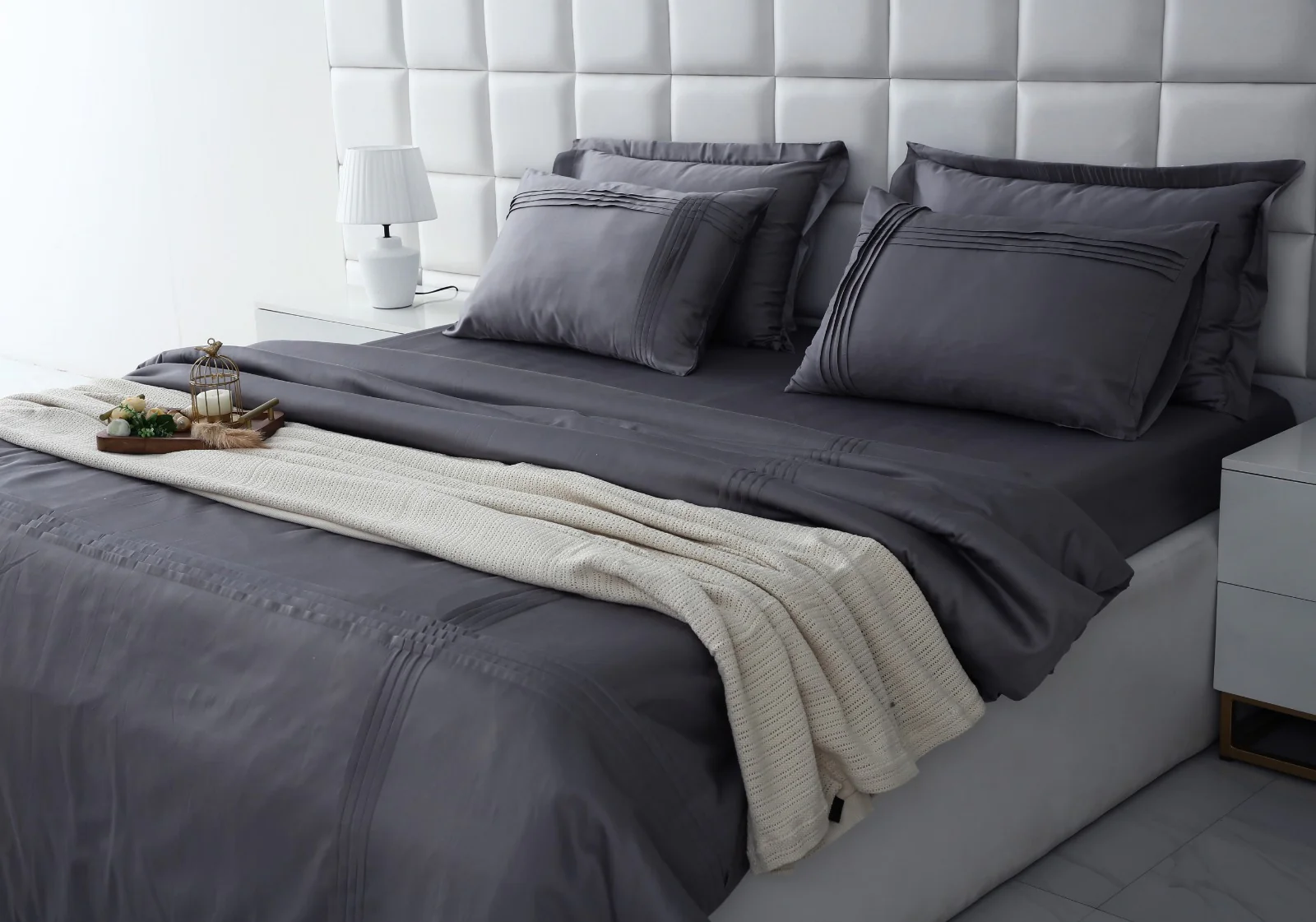 6 PCs Luxury Satin Dyed Duvet Cover Set-Grey - Image 6