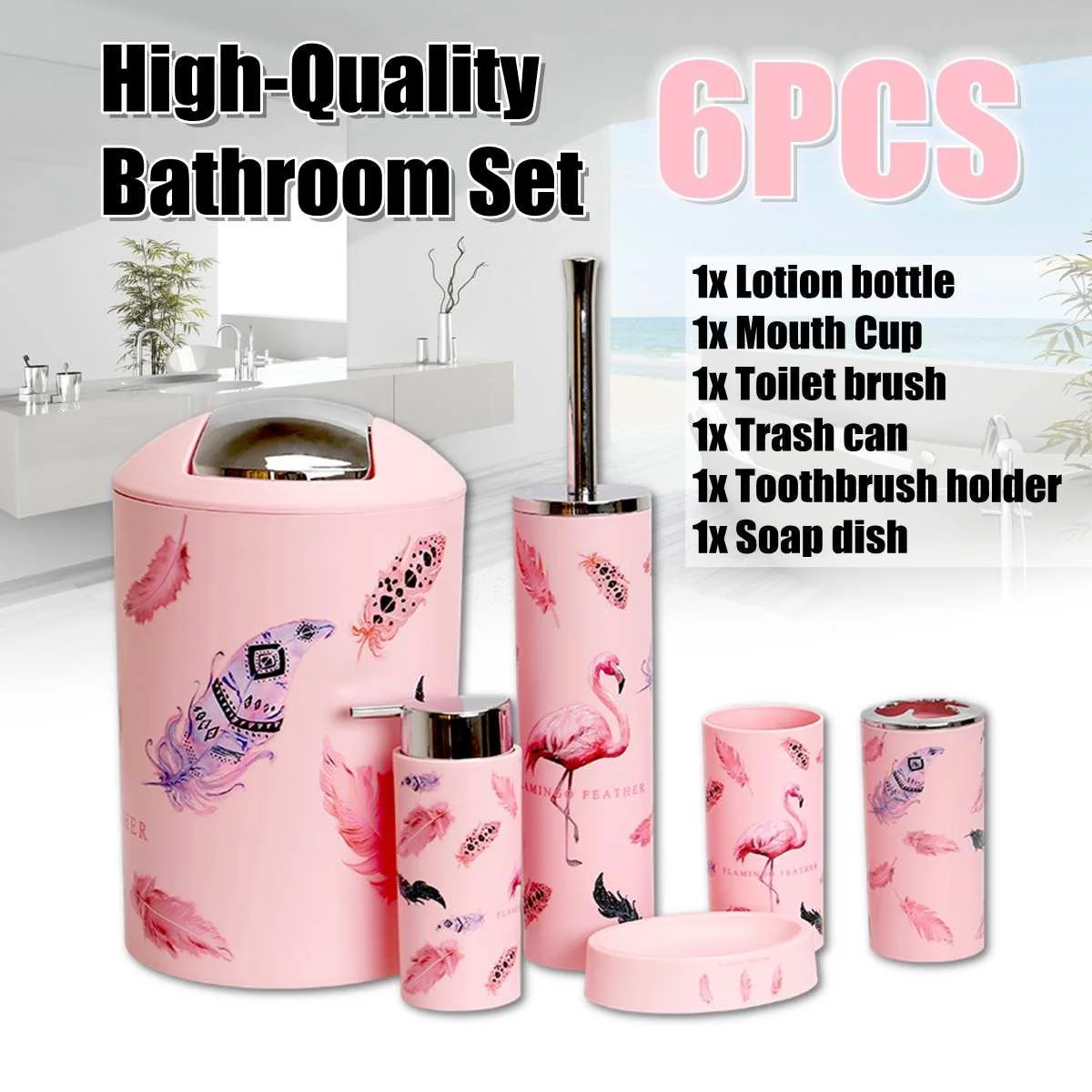 6 Pcs Printed Bathroom Accessory Set-Pink Flowers - Image 2