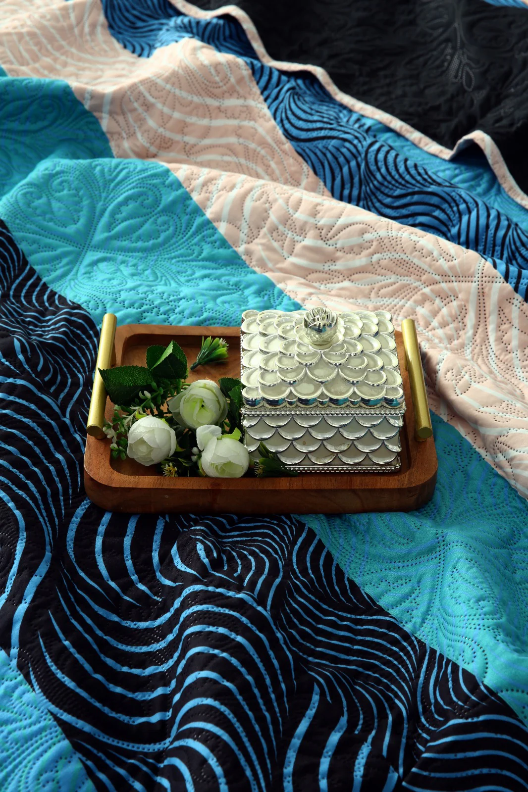 6 PCs Printed Bed Spread Set-Aqua waves - Image 11