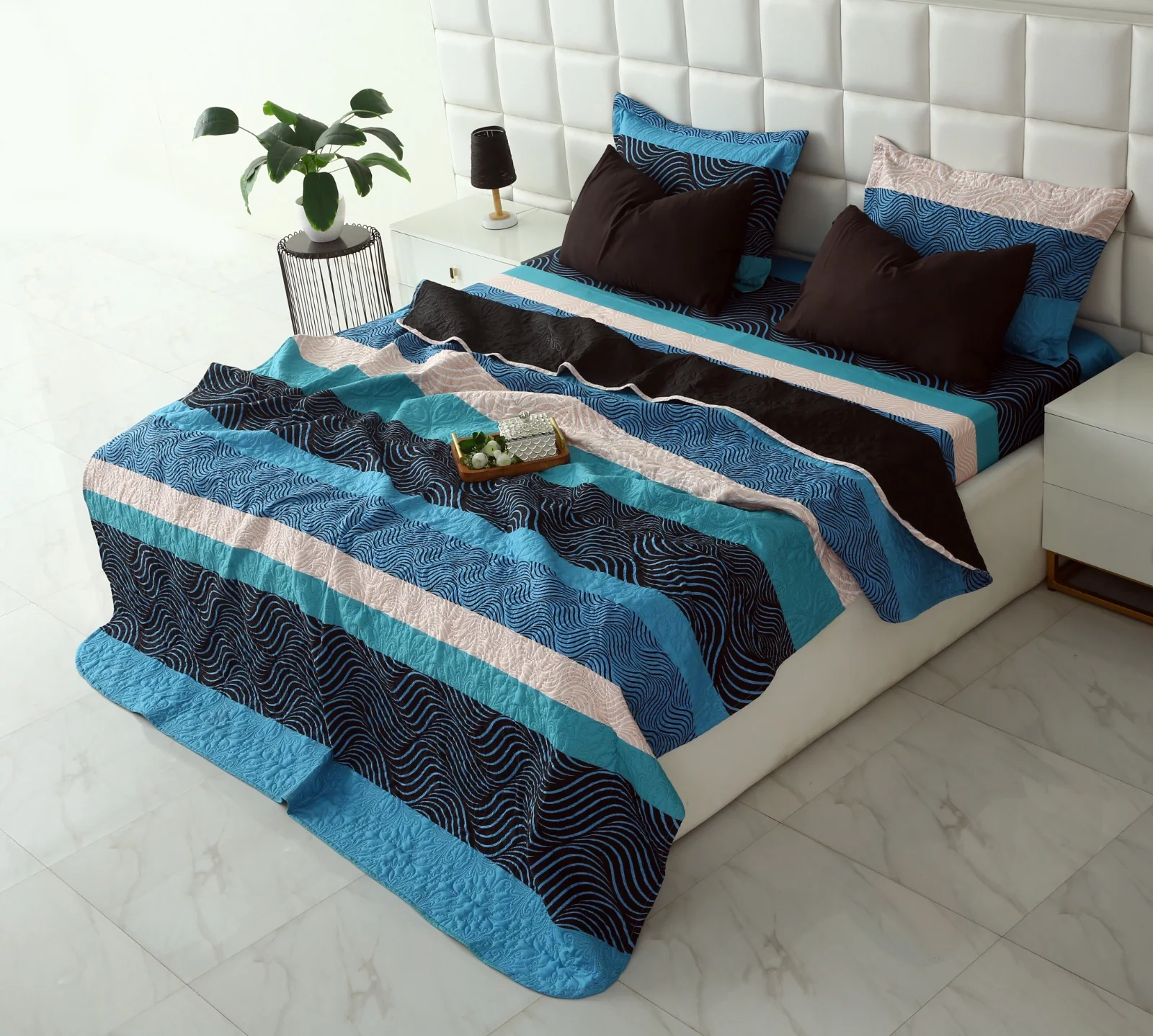 6 PCs Printed Bed Spread Set-Aqua waves - Image 2