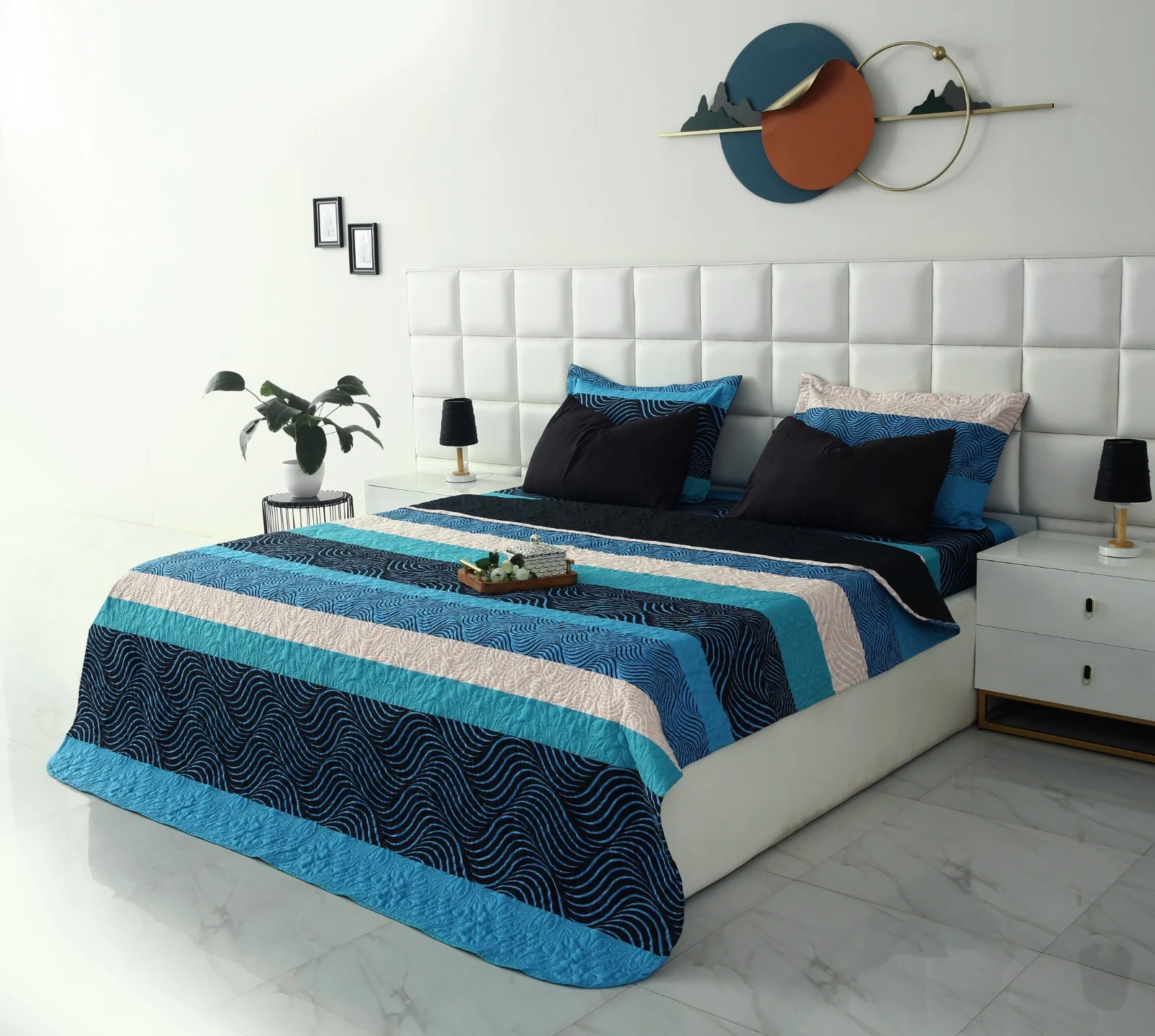 6 PCs Printed Bed Spread Set-Aqua waves - Image 3