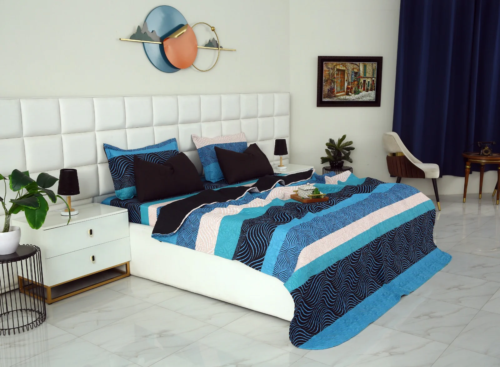 6 PCs Printed Bed Spread Set-Aqua waves - Image 4