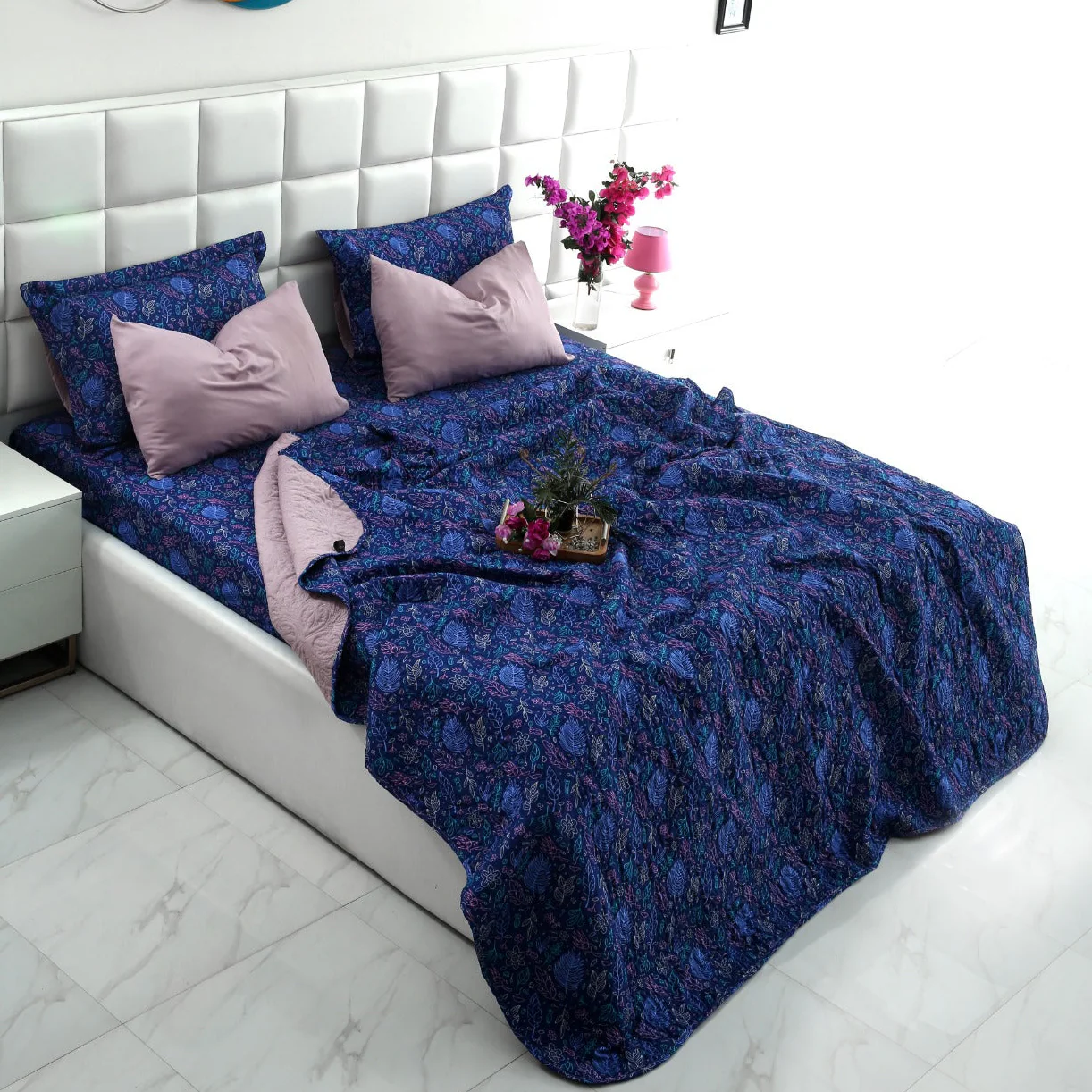 6 PCs Printed Bed Spread Set-Blue Lilly