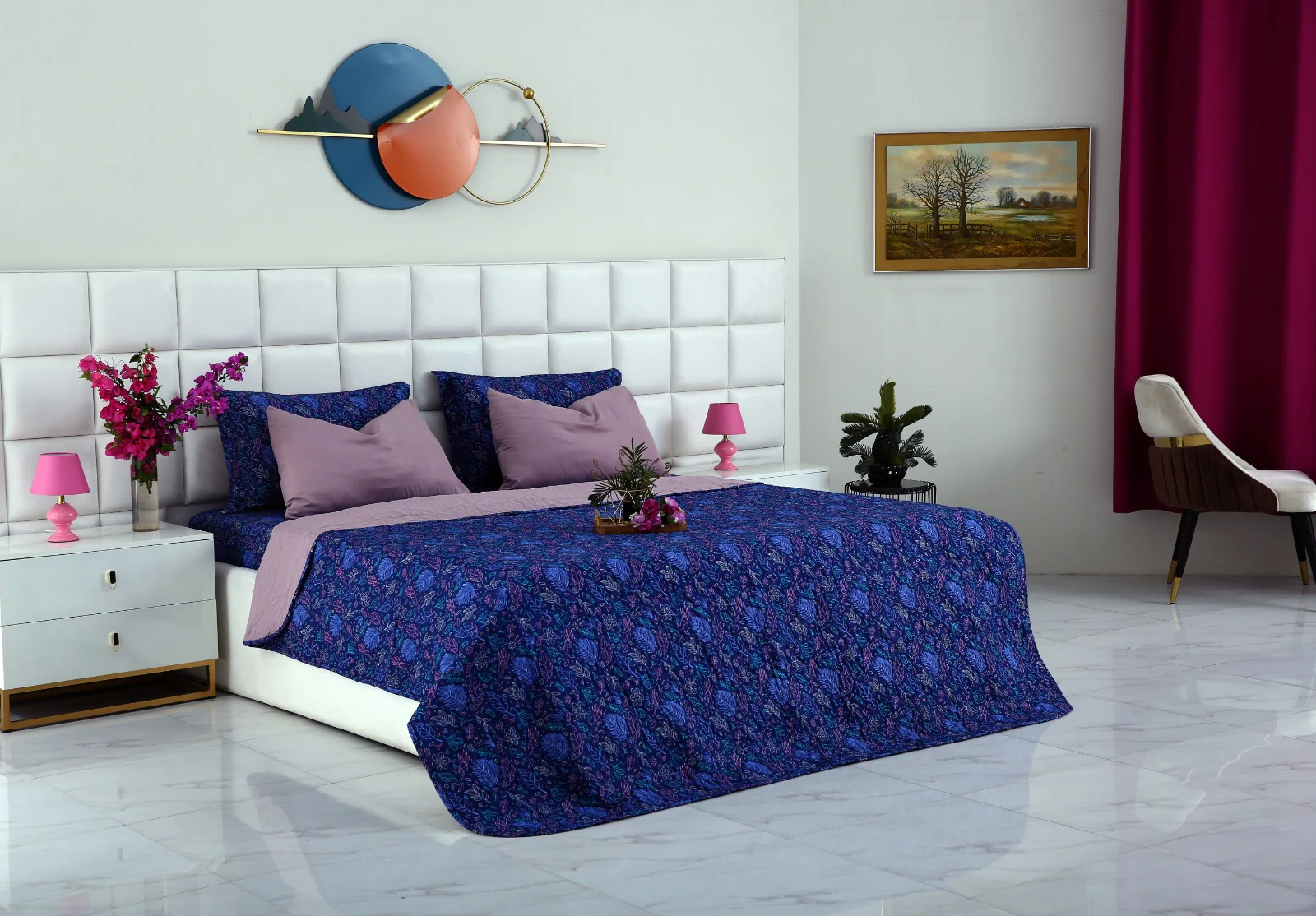 6 PCs Printed Bed Spread Set-Blue Lilly - Image 2