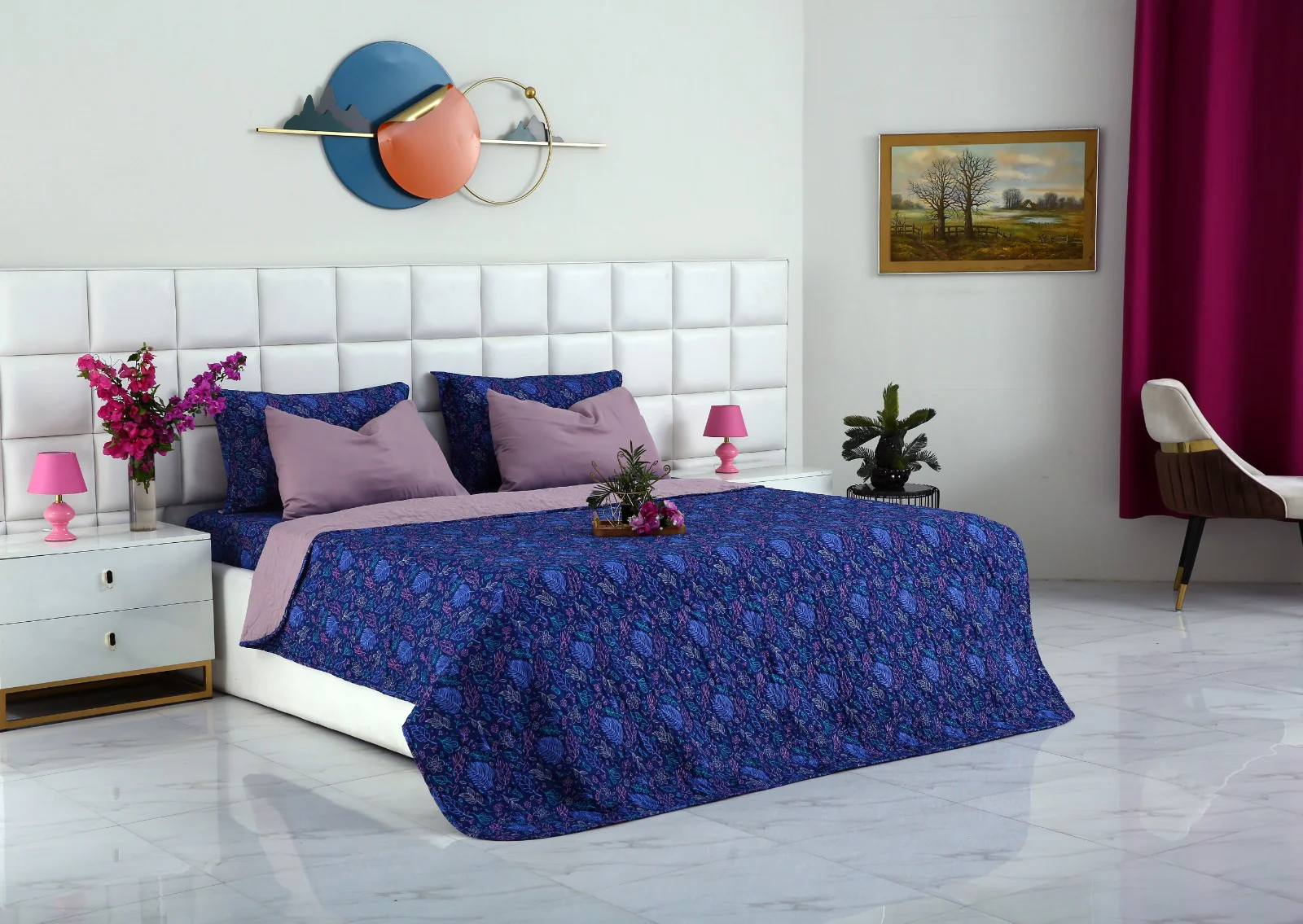 6 PCs Printed Bed Spread Set-Blue Lilly - Image 6