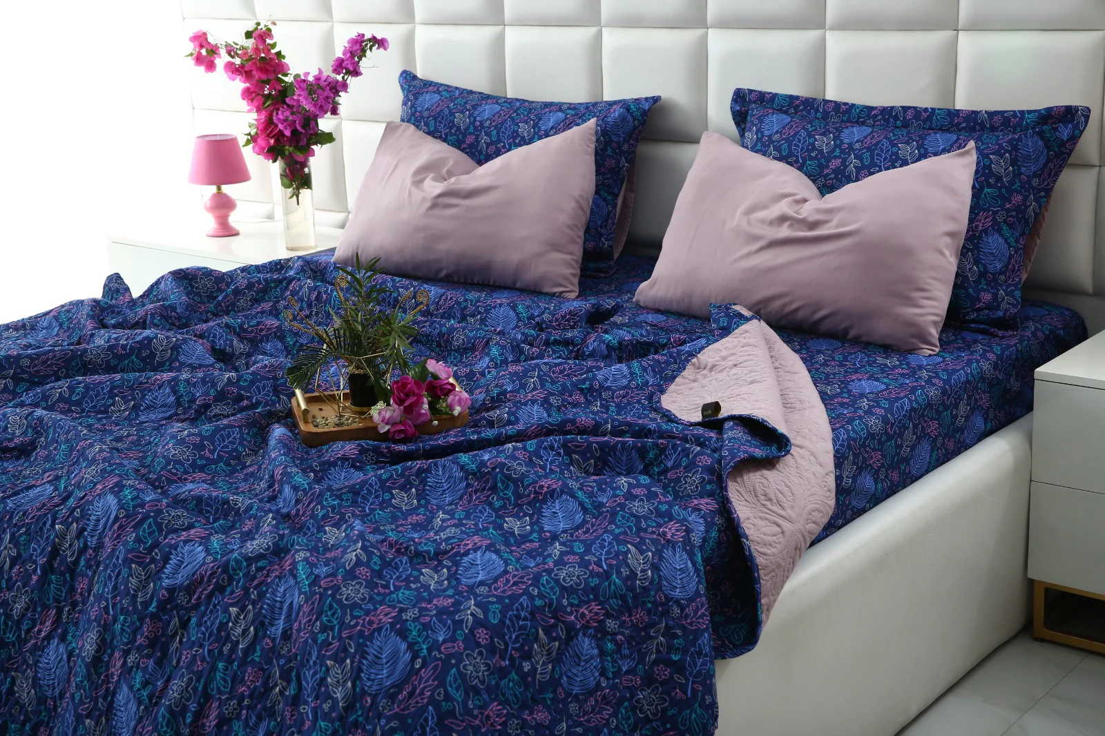 6 PCs Printed Bed Spread Set-Blue Lilly - Image 8
