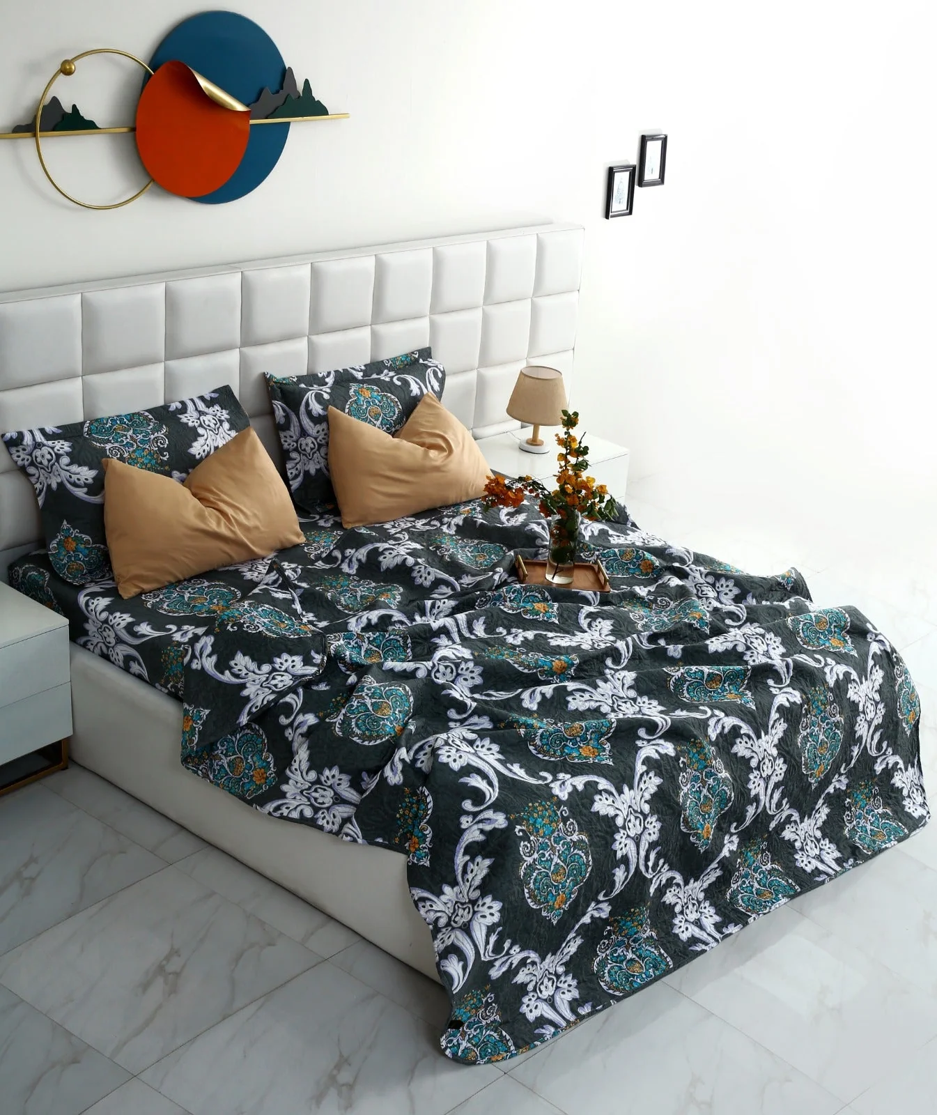 6 PCs Printed Bed Spread Set-Medallion Gold