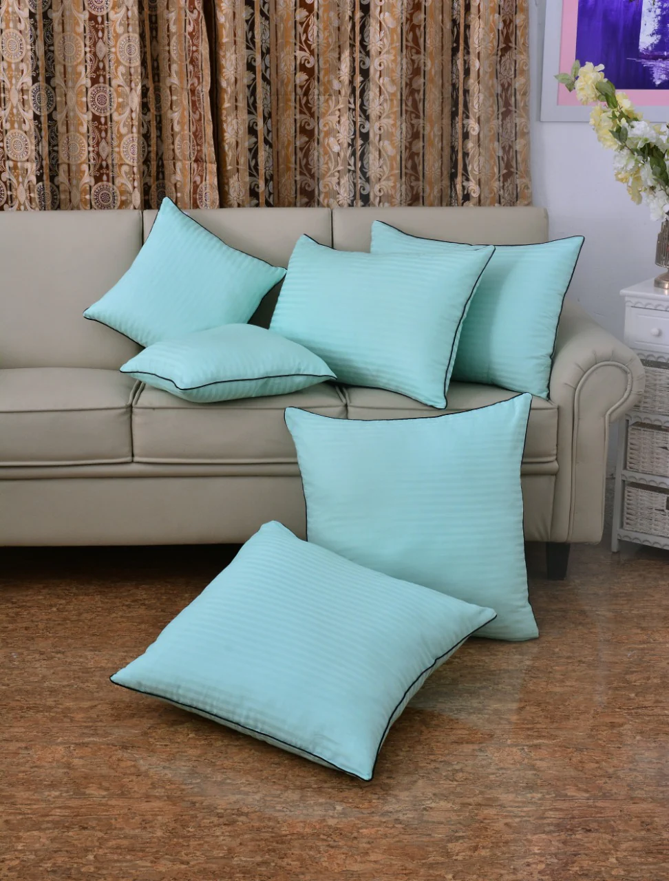 6 PCs Satin Pillows*2  Bed Cushion *2 & Floor Cushion *2 Set-Sea Green - Image 4
