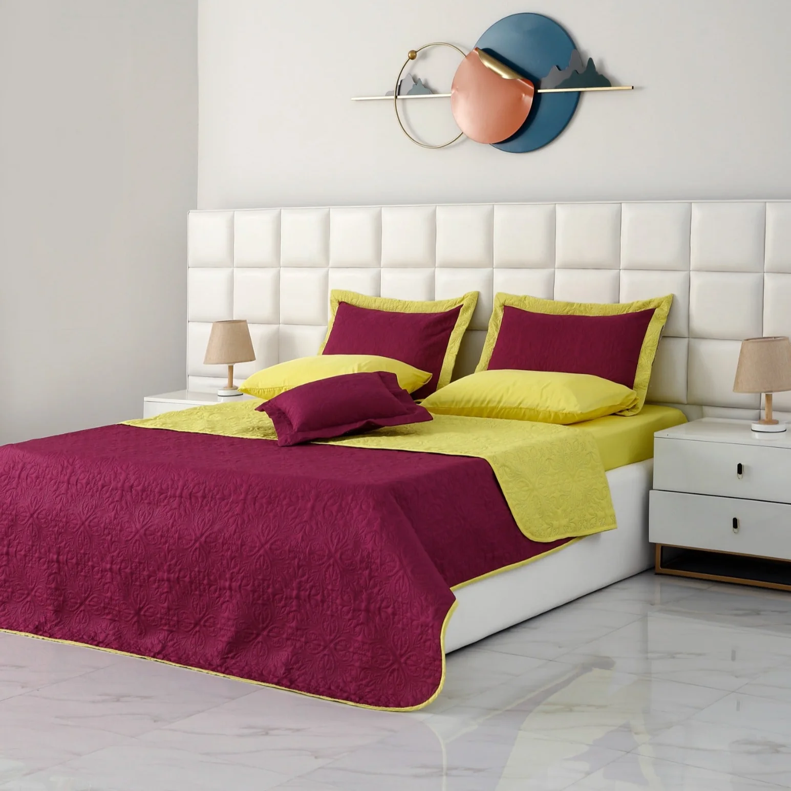 7 PCs Ultrasonic Bed Spread Set-Yellow Over Plum