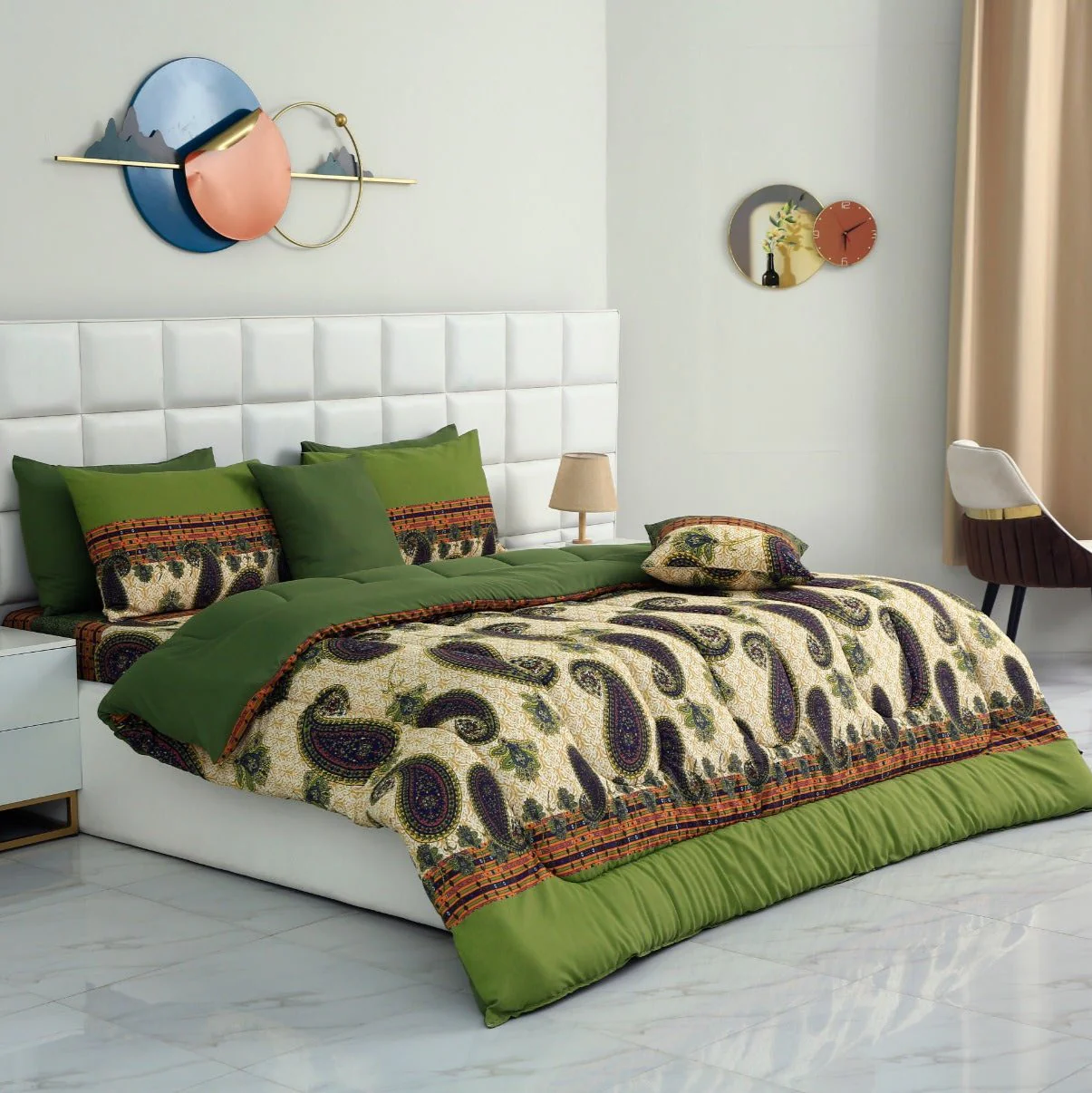 8 PCs Winter Comforter Set-Green Paisley - Image 2