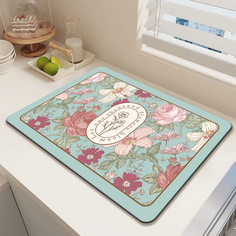 Anti Slip Dish Drying Mat-Pastel Flowers