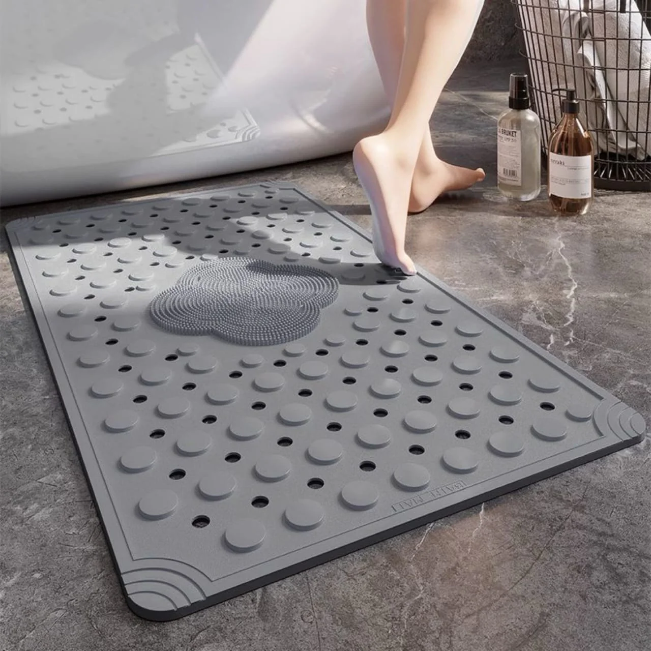 Anti Slip PVC Bathroom Mat With Foot Scrubber (SA2510-114)Grey