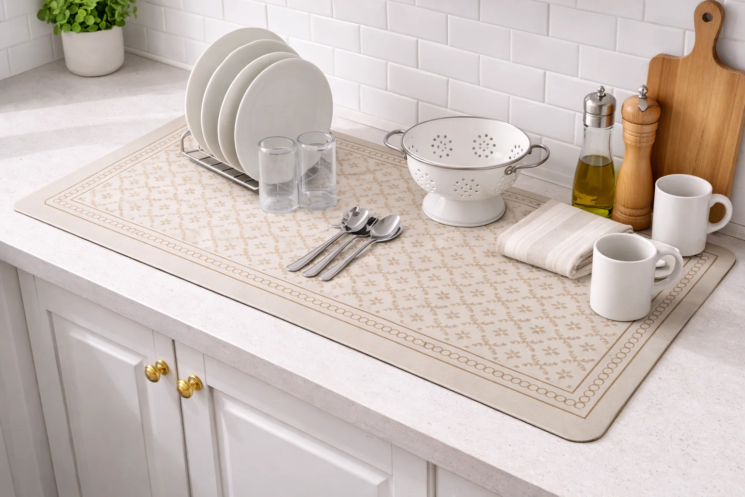 AntiSkid Dish Drying Heat & Water Protector Mat-SA-2553-Beige Flower - Image 2