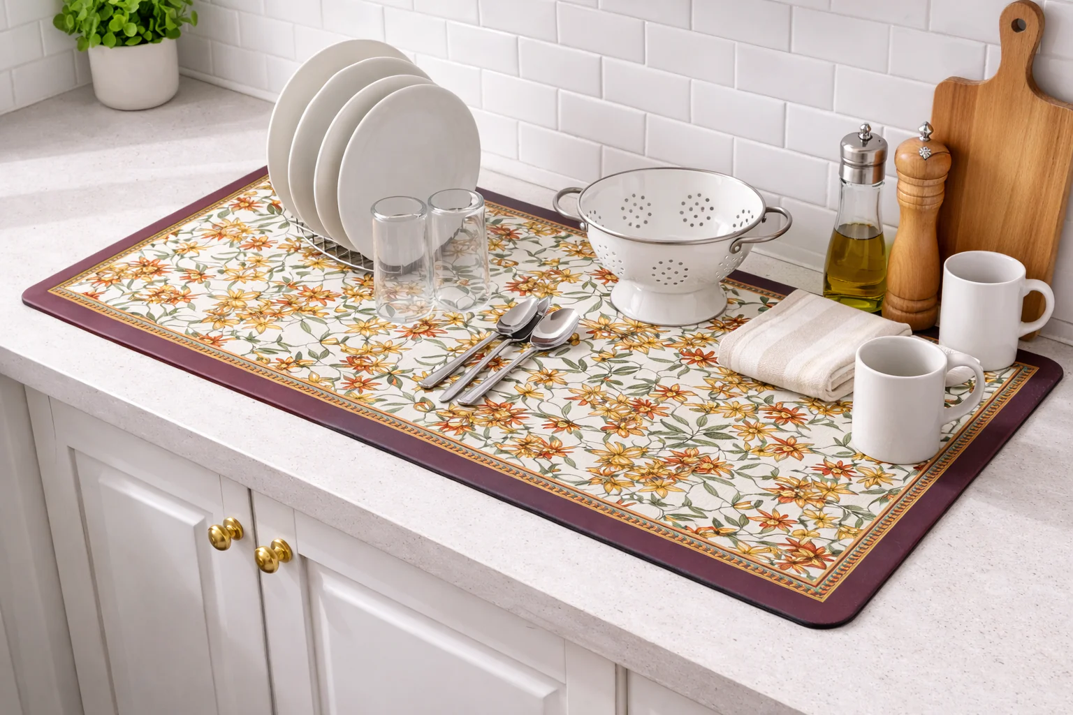 AntiSkid Dish Drying Heat & Water Protector Mat-SA-2553-Lillies