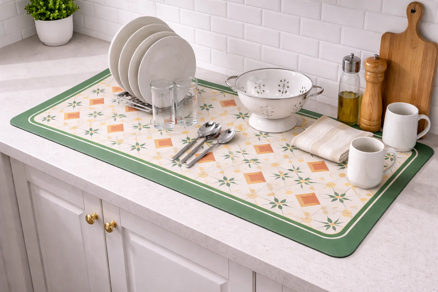 AntiSkid Dish Drying Heat & Water Protector Mat-SA-2553-Mint Flowers